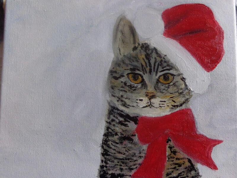 Karácsonyi olajkép – cicás – festés közben